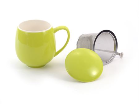 Porcelain tea mug, lime green with SS infuser and lid