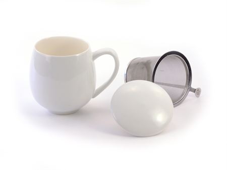 Porcelain tea mug, white with SS infuser and lid