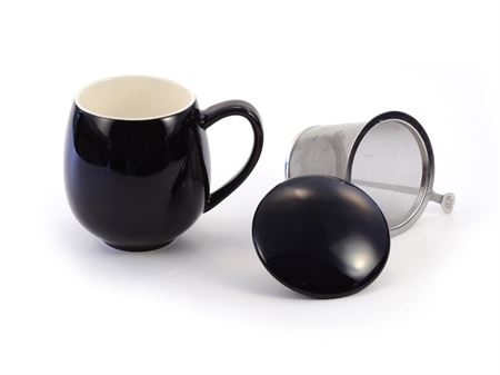 Porcelain tea mug, black with SS infuser and lid